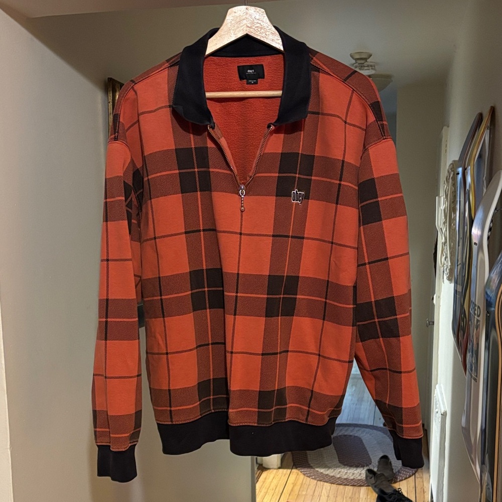 Obey Men's Black and Orange Plaid Zip-Up Sweater